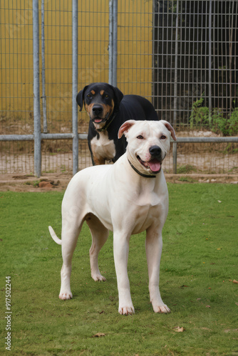 Young white cream asian pakistani indian bully kutta molosser bulldog dog on green grass and brown hard soil ground on cloudy day on clear spacious terrain kennel breeding facilities background. photo