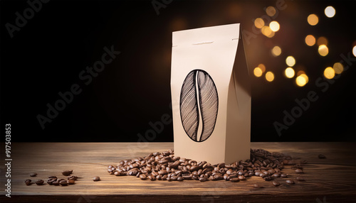 coffee beans on wooden table and paper coffee package with coffee bean logo on it