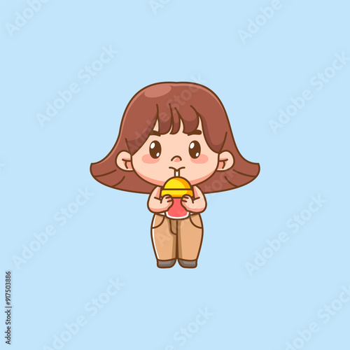 Cute happy little girl drink boba kawaii chibi character mascot illustration outline style