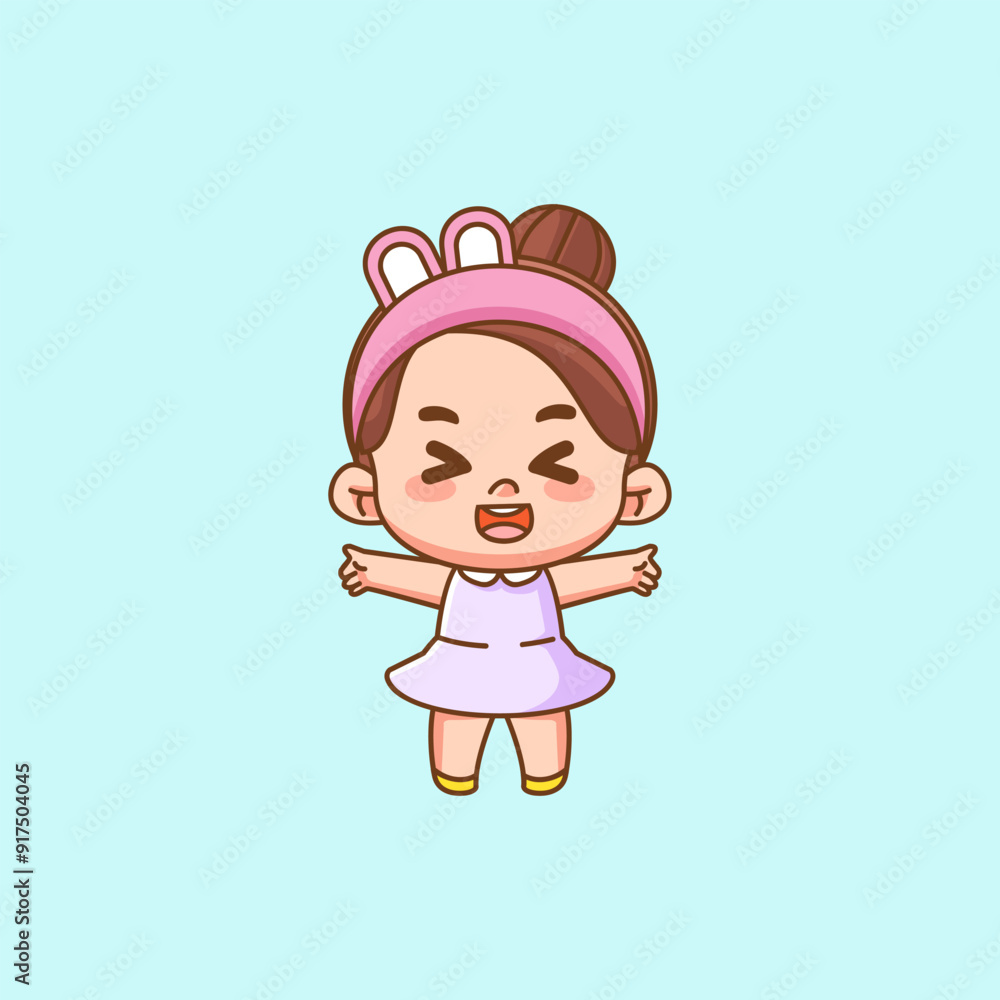 Cute happy little girl kawaii chibi wear headband character mascot illustration Cute happy little girl kawaii chibi wear headband character mascot illustration