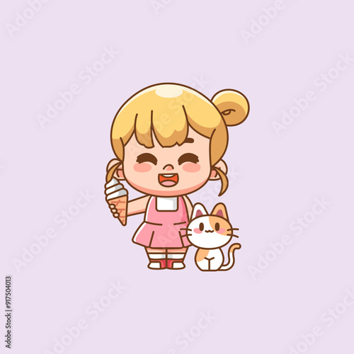 Cute happy little girl kawaii chibi eat ice cream with cat character mascot