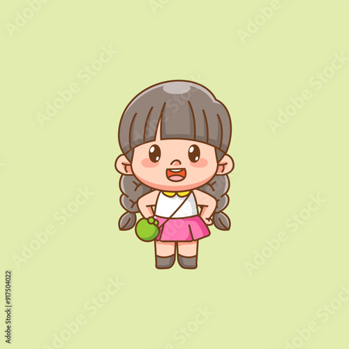 Cute happy little girl kawaii chibi hangout character mascot illustration