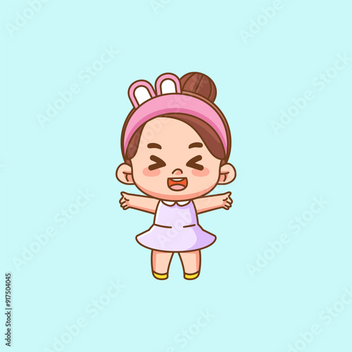 Cute happy little girl kawaii chibi wear headband character mascot illustration