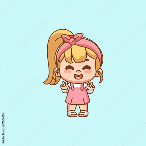 Cute happy little girl peace hand kawaii chibi character mascot illustration outline style