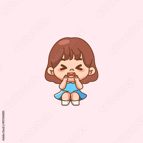 Cute happy little girl shy kawaii chibi character mascot illustration outline style