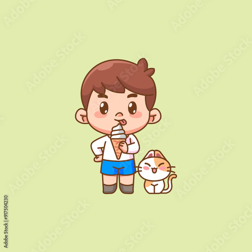 Cute happy little boy kawaii chibi eat ice cream character mascot illustration