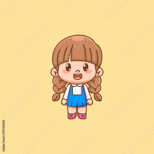 Cute happy little girl chibi kawaii  character mascot illustration outline style design