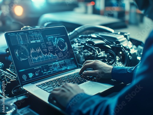 Auto mechanic optimizing v8 engine on laptop in garage with blueprint backdrop for peak performance