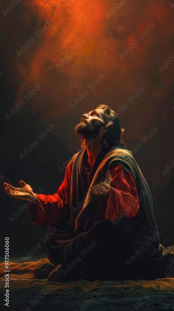 Divine communion: Jesus Christ prays to god the father, illustrating sacred connection between son and e father, embodying humility, devotion, eternal bond of divine love. Divine communion: Jesus Christ prays to god the father, illustrating sacred connection between son and e father, embodying humility, devotion, eternal bond of divine love.
