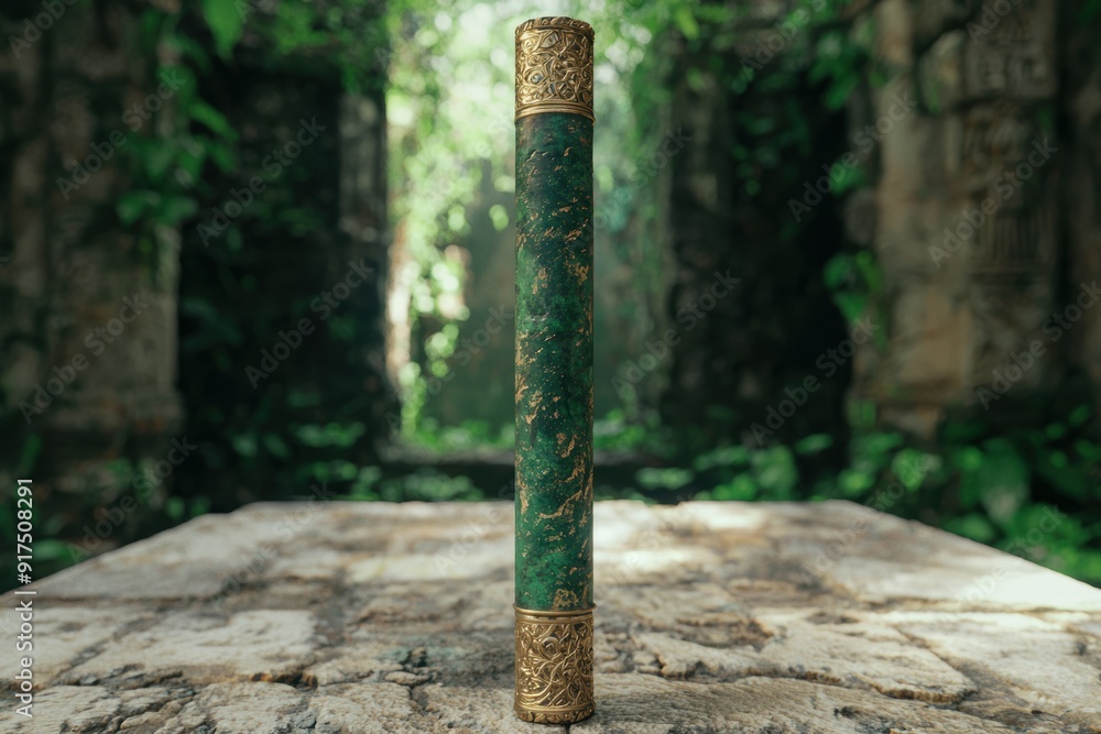 Ornate antique brass and green patina column in forest Ornate antique brass and green patina column in forest