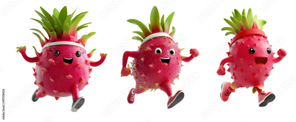 Three cartoon fruit characters are running in a race on a transparent background. Three cartoon fruit characters are running in a race on a transparent background.
