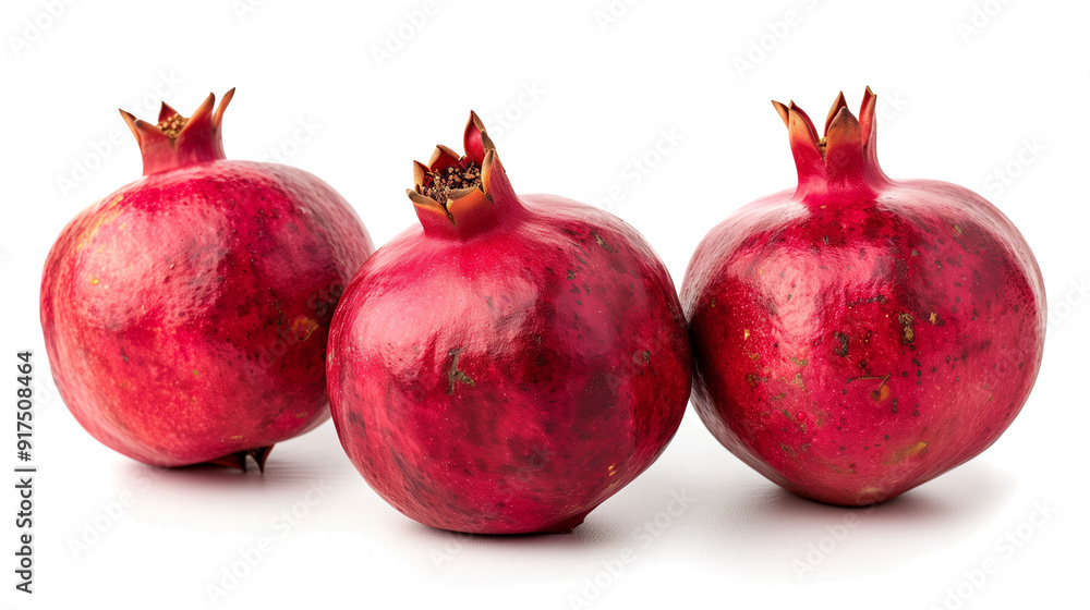 Three ripe pomegranates with vibrant red skin and crown-like tops. Whole fruits showcasing their unique shape and texture. Symbol of fertility and abundance. Three ripe pomegranates with vibrant red skin and crown-like tops. Whole fruits showcasing their unique shape and texture. Symbol of fertility and abundance.