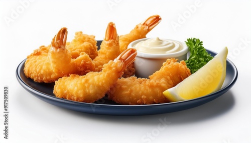 a plate of ebi fry breaded and deep fried shrimp served with tartar sauce and lemon wedges isolated on white background photo