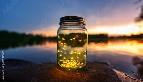 a jar filled with fireflies sits on the shore of a lake at sunset ai