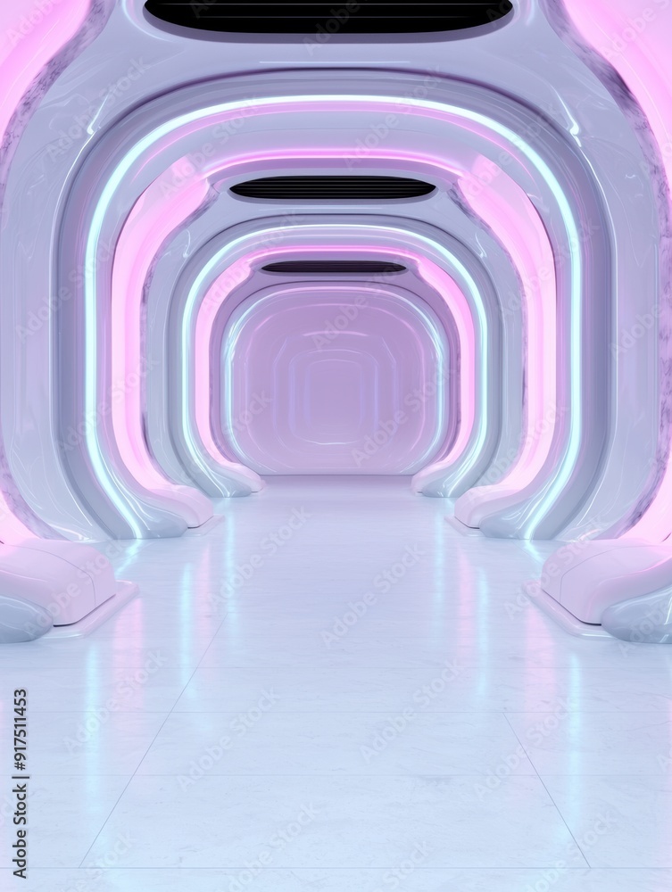 Fototapeta premium Futuristic architectural tunnel with pink and white lighting