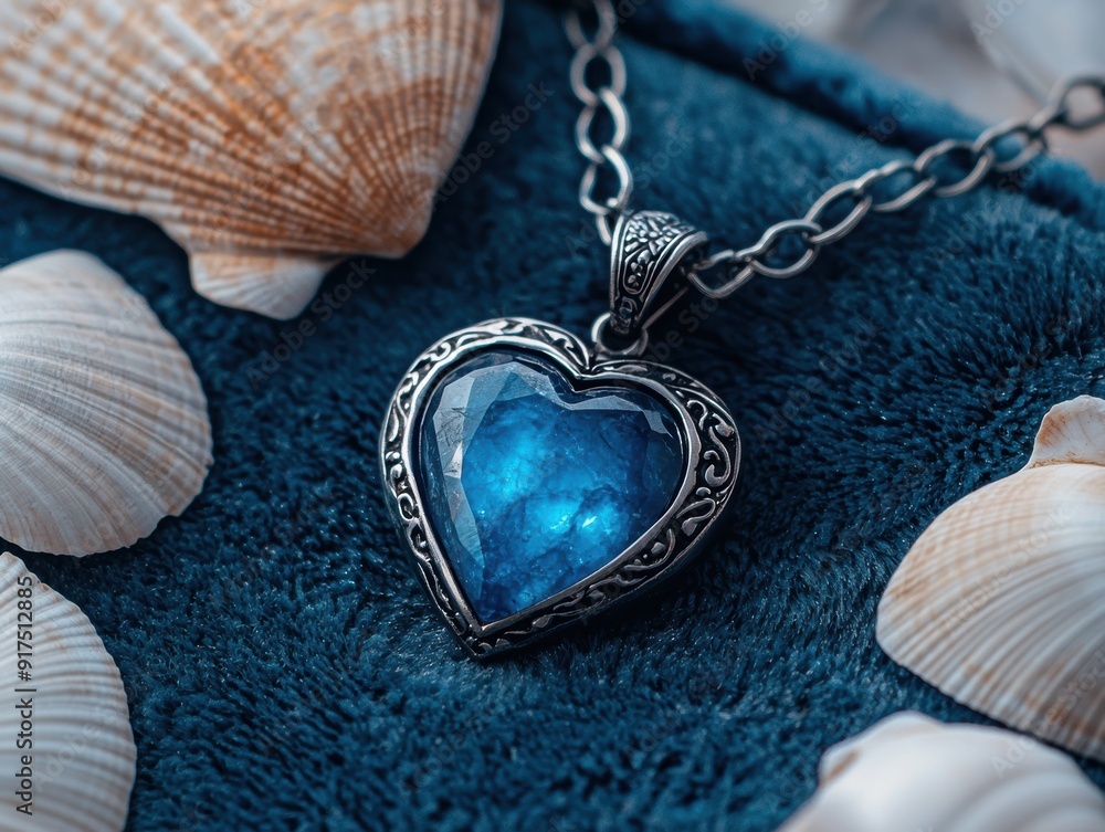 Elegant blue heart-shaped pendant on plush fabric with seashells Elegant blue heart-shaped pendant on plush fabric with seashells