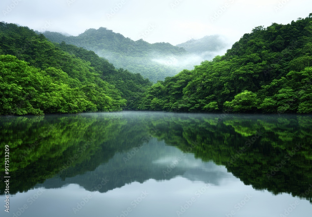 Serene mountain lake surrounded by lush green forest Serene mountain lake surrounded by lush green forest