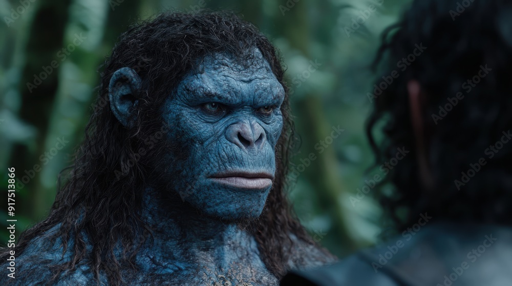 Fierce blue-skinned primate in lush jungle environment Fierce blue-skinned primate in lush jungle environment
