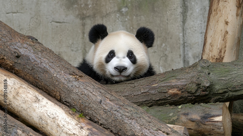 Obraz premium Curious panda bear peeking out from behind a tree
