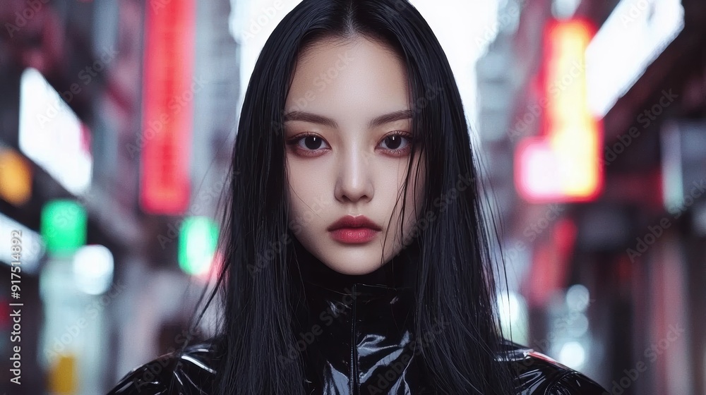 Mysterious asian woman with dark hair in city at night Mysterious asian woman with dark hair in city at night