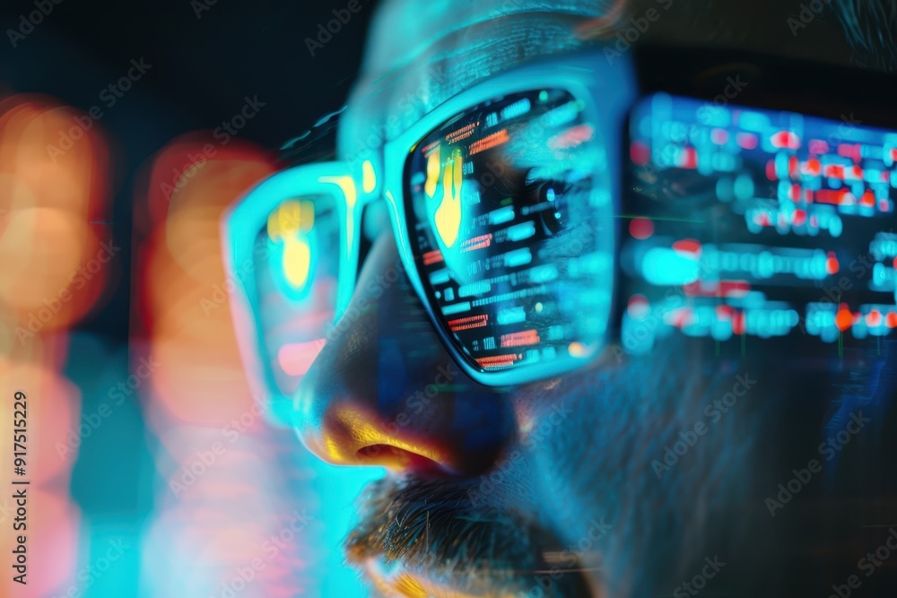 Man with glasses engaging with immersive cyber data in a futuristic ...
