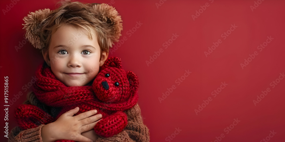 Adorable Little Girl Holds Red Teddy Bear with Copy Space Adorable Little Girl Holds Red Teddy Bear with Copy Space
