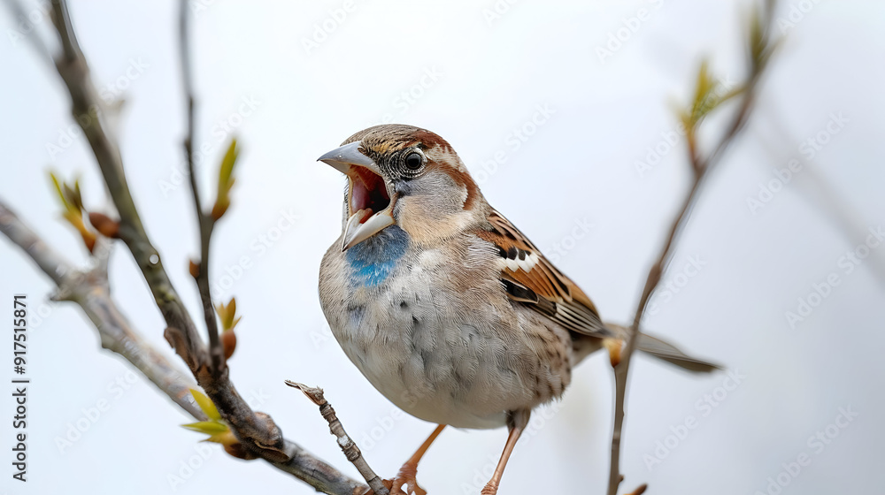 A Tiny Bird Singing on a Branch with Copy Space A Tiny Bird Singing on a Branch with Copy Space