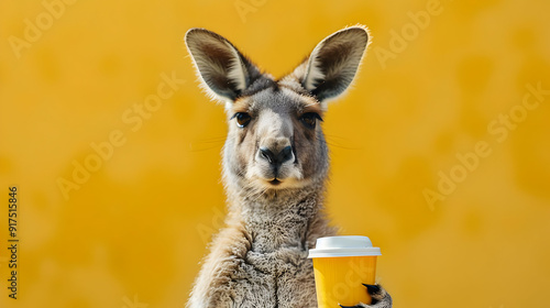 Kangaroo Holding a Coffee Cup with Copy Space on a Yellow Background photo