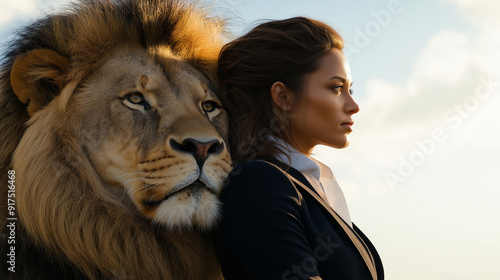 Woman in a suit standing with a lion, looking away.