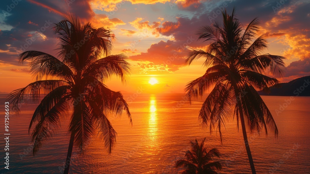 Palm trees silhouetted against a fiery sunset over the ocean Palm trees silhouetted against a fiery sunset over the ocean