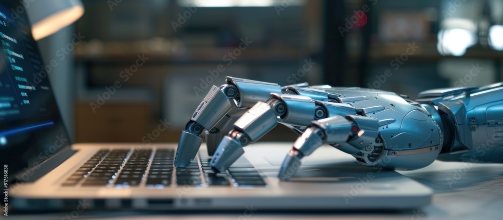 Obraz premium Robot Hand Typing on a Laptop