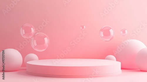 Bubble Liquid floating on Pink with white stage podium color background white for copy space. 3D Render minimal idea concept. stock photo