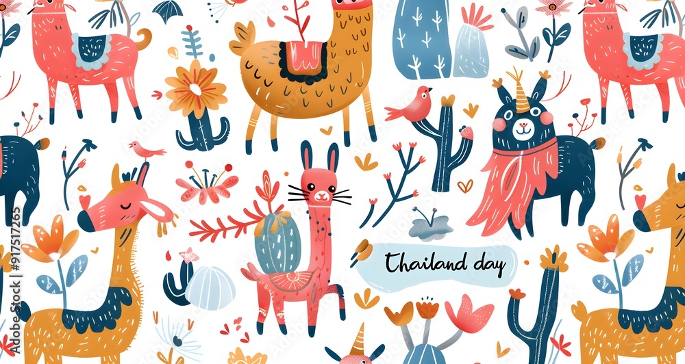 Fototapeta premium Colorful boho pattern with various cartoon llamas, cacti and flowers seamless, bright colors, clip art stickers, isolated, vector illustration