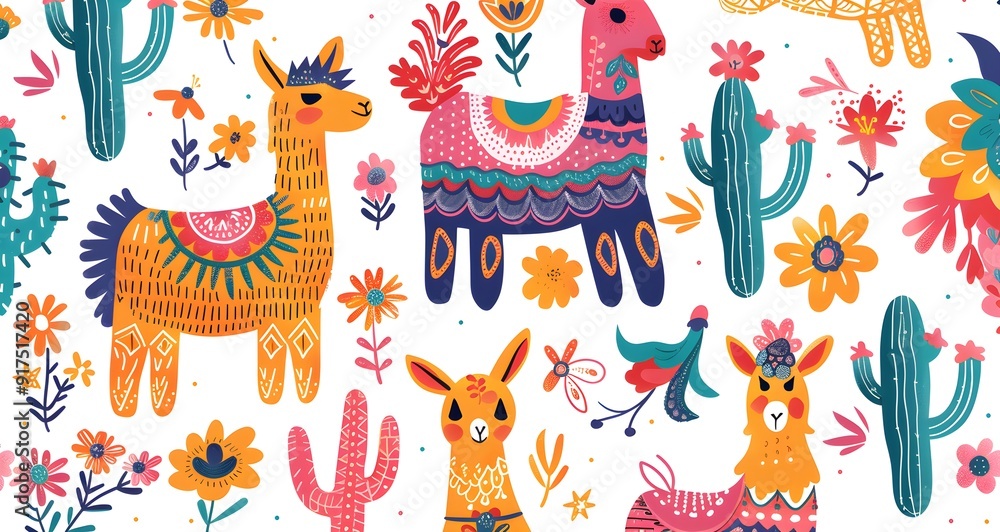 Obraz premium Colorful boho pattern with various cartoon llamas, cacti and flowers seamless, bright colors, clip art stickers, isolated, vector illustration