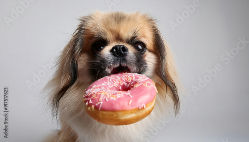 pekingese dog enjoying a donut photo