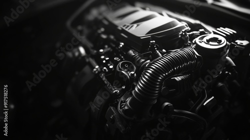 Monochrome car engine banner on dark background, high detail stock photo with hyper realistic style photo