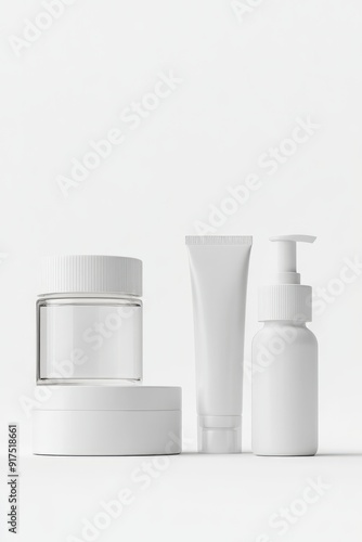 Cosmetic cream tube, jar with lid, liquid soap and shampoo, serum bottle 3D render on white background, different product packaging mock-up stock photo