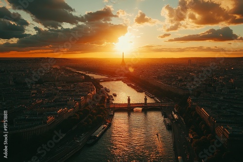 Paris aerial panorama seine river, eiffel tower, landmarks, and sunset sky view in france