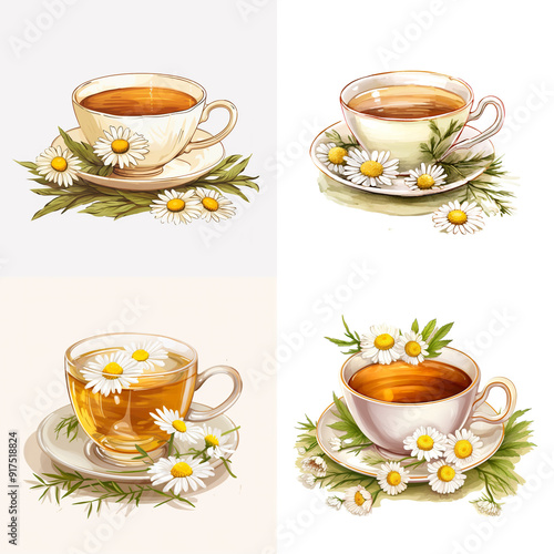 Four Cups of Chamomile Tea with Daisies and Green Leaves.