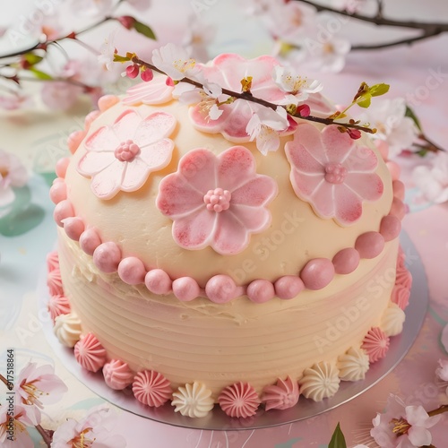 A delectable cherry blossom cake, decorated with intricate pink and white icing patterns to resemble thebeautiful flowers.  photo