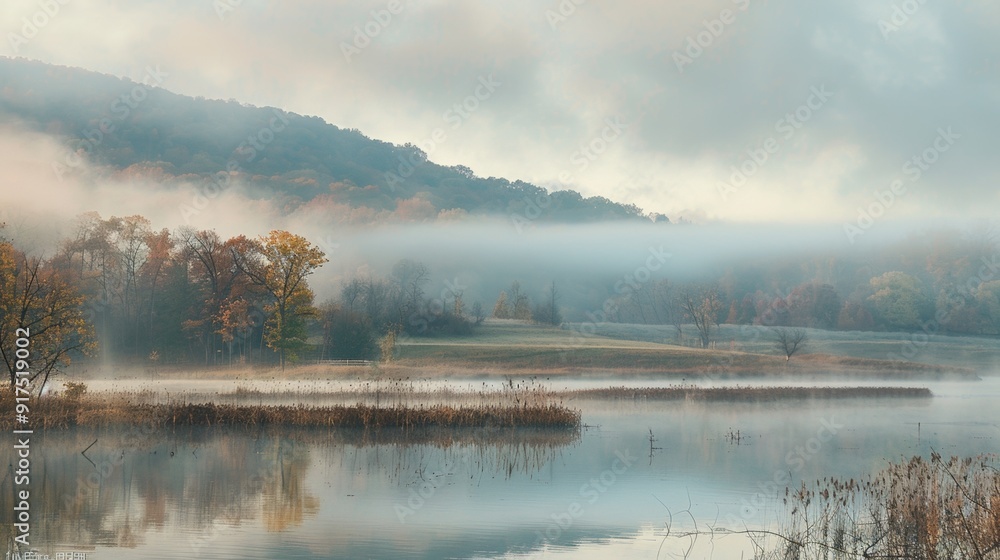 Fototapeta premium Tranquil Sunrise Over Misty Lake with Trees and Hills