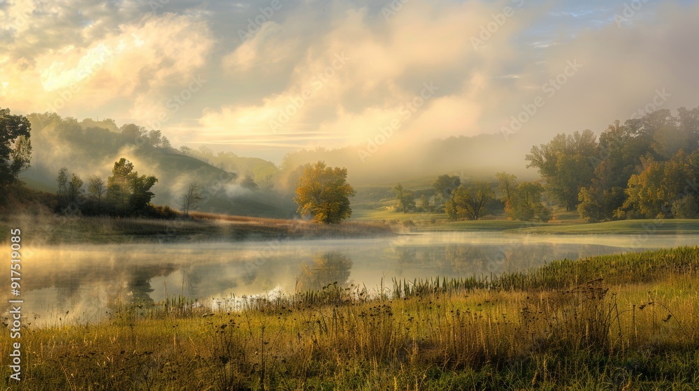 Tranquil Sunrise Over Misty Lake with Trees and Hills Tranquil Sunrise Over Misty Lake with Trees and Hills