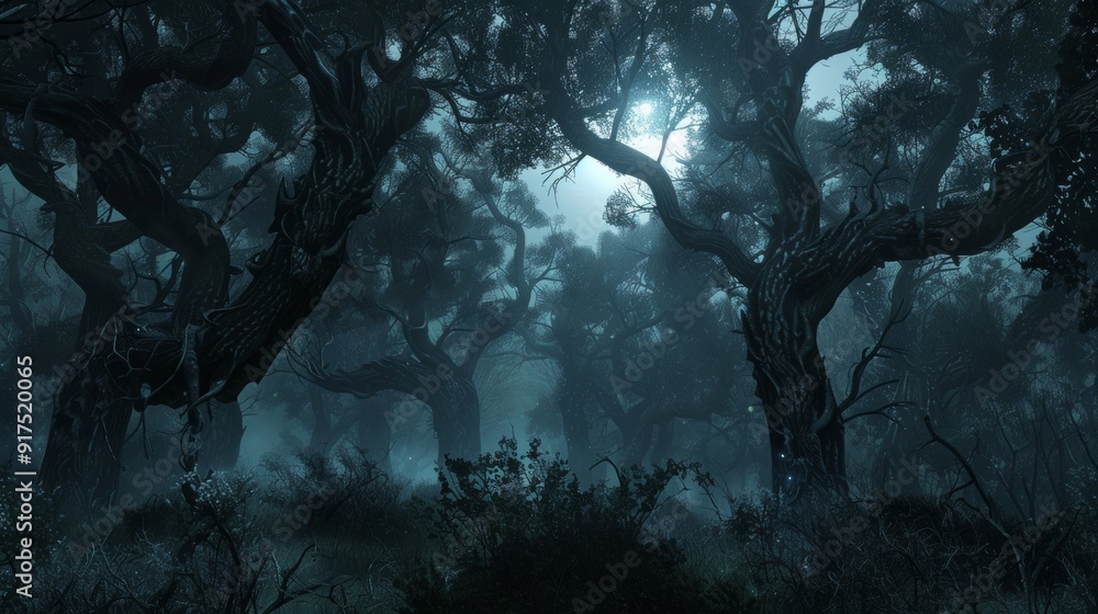 Eerie Moonlit Forest with Twisted Bare Trees at Night Eerie Moonlit Forest with Twisted Bare Trees at Night