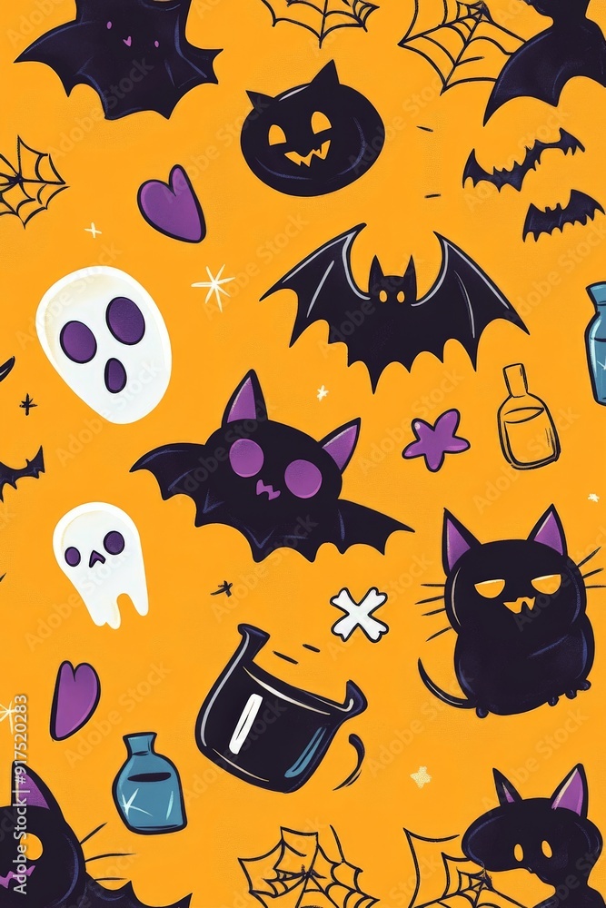 Halloween pattern cute cartoon illustration design with bats and skulls on an orange background Halloween pattern cute cartoon illustration design with bats and skulls on an orange background