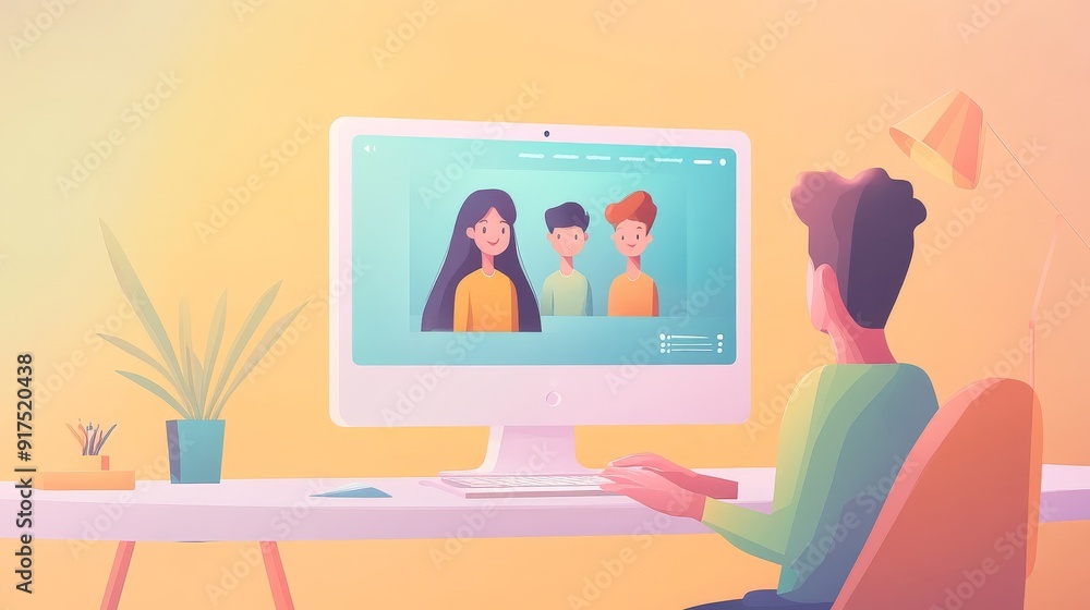 man using a desktop computer with a screen showing three people man using a desktop computer with a screen showing three people