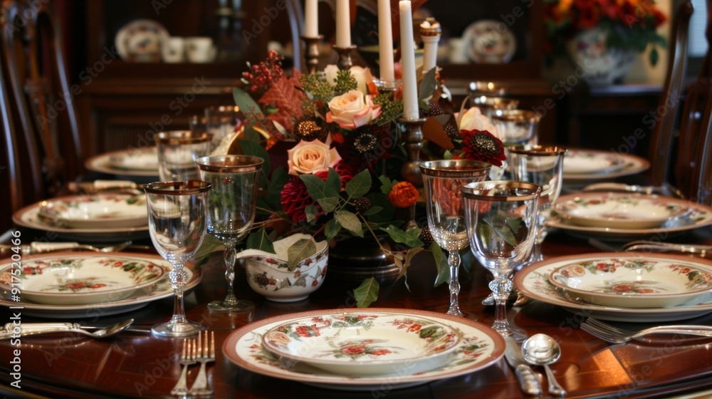 Elegant Dining Table Setup with Floral Centerpiece and Candles Elegant Dining Table Setup with Floral Centerpiece and Candles