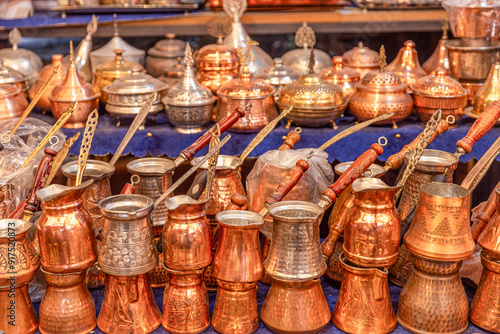 Turkish delight cups, pots, teapots and souvenirs are made from copper. Turkish delight cups and teapots at Bakircilar Carsisi in Gaziantep, Turkey. photo