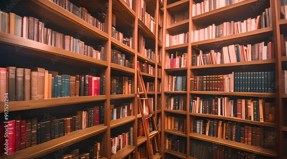 The library room is neat and clean, with tall wooden shelves filled with colorful books The library room is neat and clean, with tall wooden shelves filled with colorful books