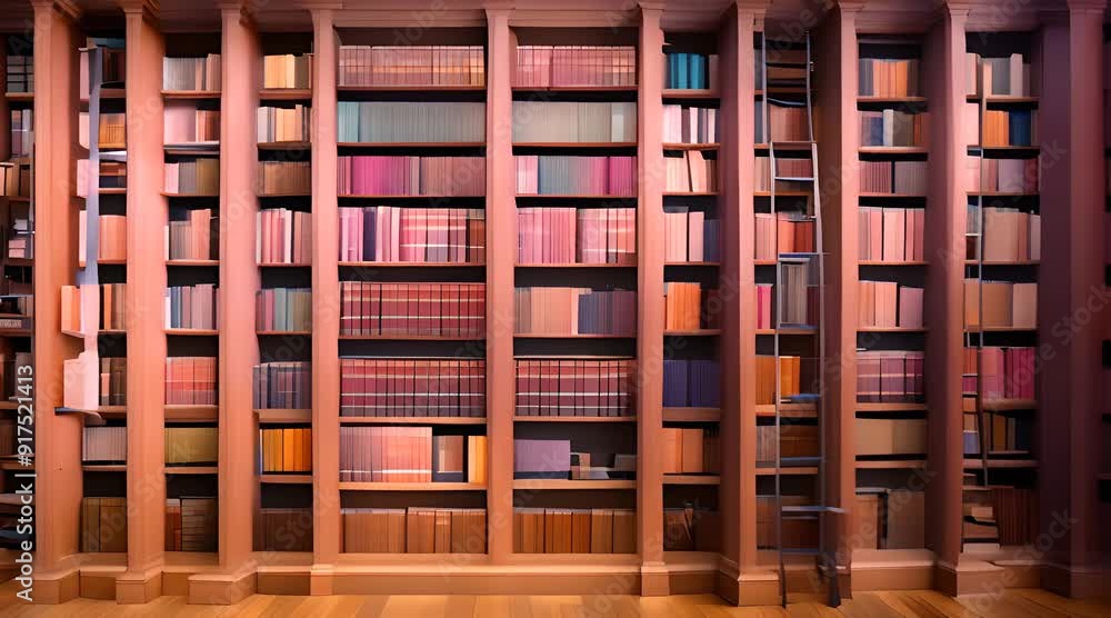 The library room is neat and clean, with tall wooden shelves filled with colorful books The library room is neat and clean, with tall wooden shelves filled with colorful books