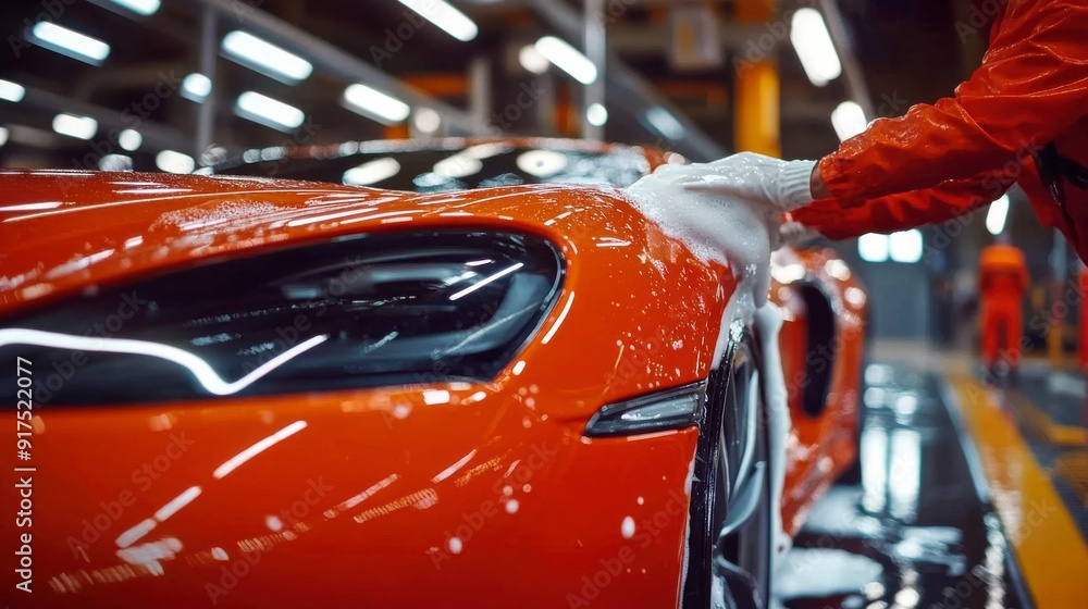 Fototapeta premium The gleaming sports car is washed by hand in a clean garage, emphasizing precision and accuracy.